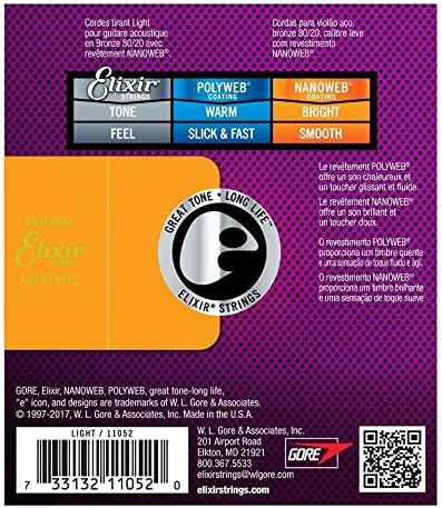 Elixir String 11052 Nanoweb 80/20 Bronze Acoustic Guitar Strings | LIGHT 12-53