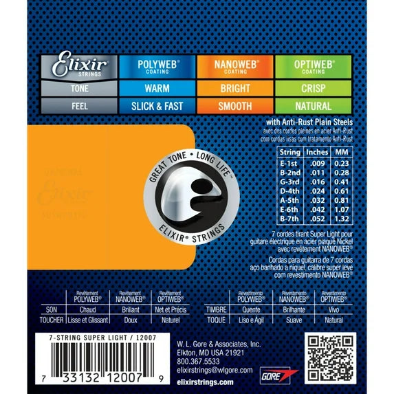 Elixir Nickel Plated Steel Nanoweb Electric Guitar Strings | 7 String SUPER LIGHT 9-52