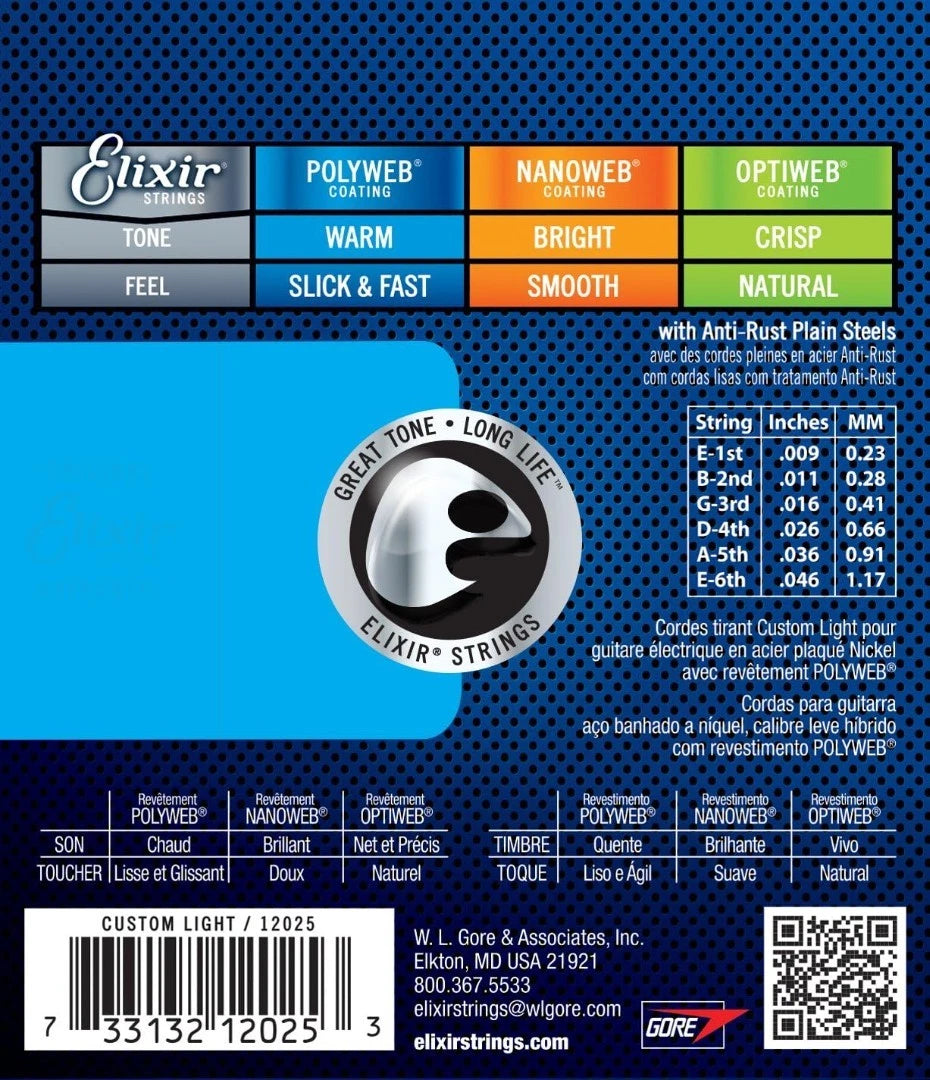 Elixir Nickel Plated Steel Polyweb Electric Guitar Stings | CUSTOM LIGHT 9-46