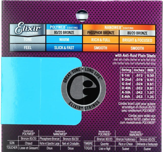Elixir Strings 11050 Polyweb 80/20 Bronze Acoustic Guitar Strings | LIGHT 12-53