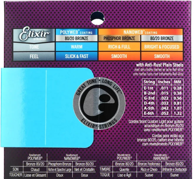 Elixir Strings Polyweb 80/20 Bronze Acoustic Guitar Strings | CUSTOM LIGHT 11-52