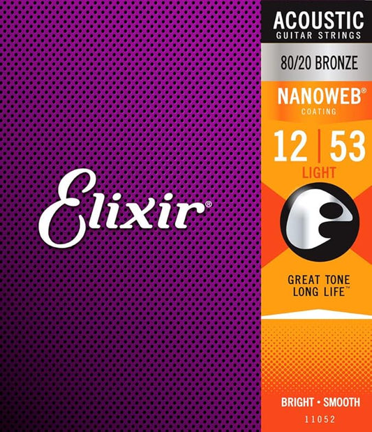 Elixir String 11052 Nanoweb 80/20 Bronze Acoustic Guitar Strings | LIGHT 12-53