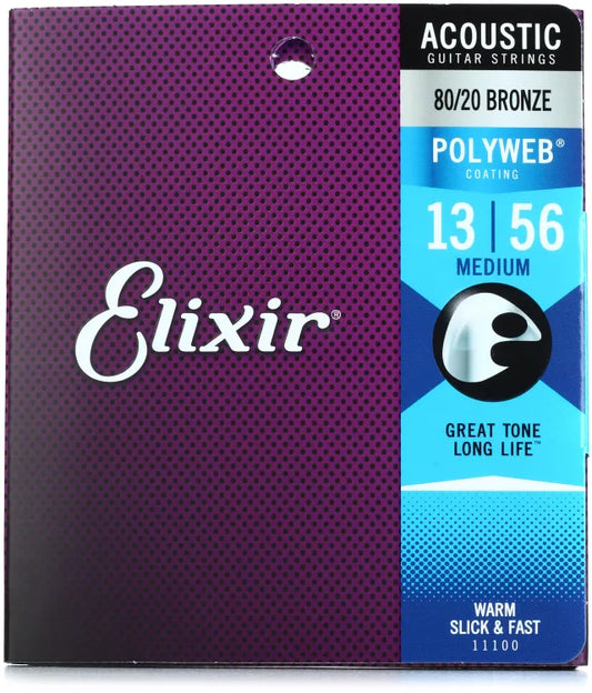 Elixir Strings 11100 Polyweb 80/20 Bronze Acoustic Guitar Strings | MEDIUM 13-56