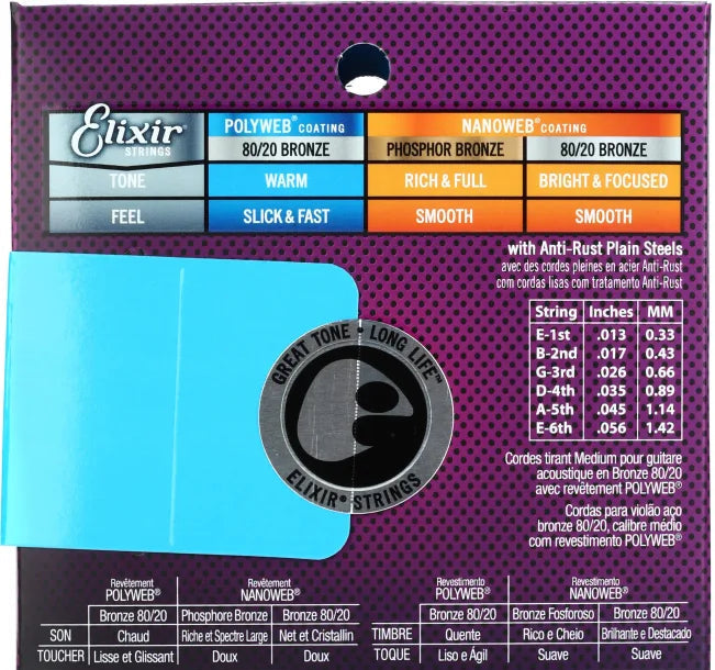 Elixir Strings 11100 Polyweb 80/20 Bronze Acoustic Guitar Strings | MEDIUM 13-56