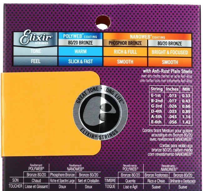 Elixir Strings Nanoweb 80/20 Bronze Acoustic Guitar Strings | MEDIUM 13-56
