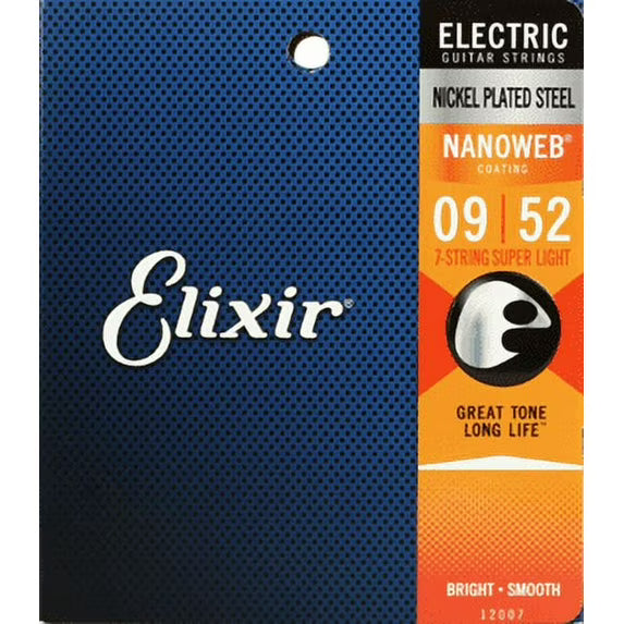 Elixir Nickel Plated Steel Nanoweb Electric Guitar Strings | 7 String SUPER LIGHT 9-52
