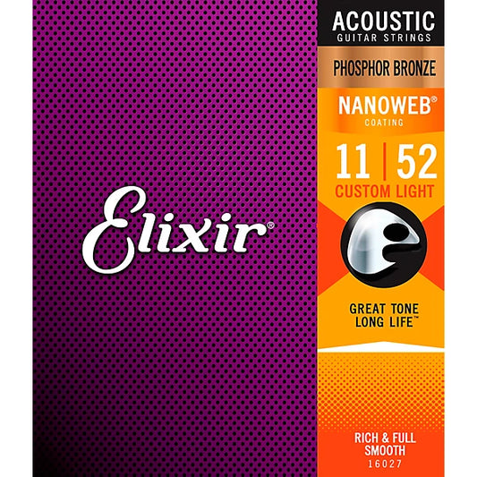 Elixir Strings 16027 Nanoweb Phosphor Bronze Acoustic Guitar Strings | CUSTOM LIGHT 11-52