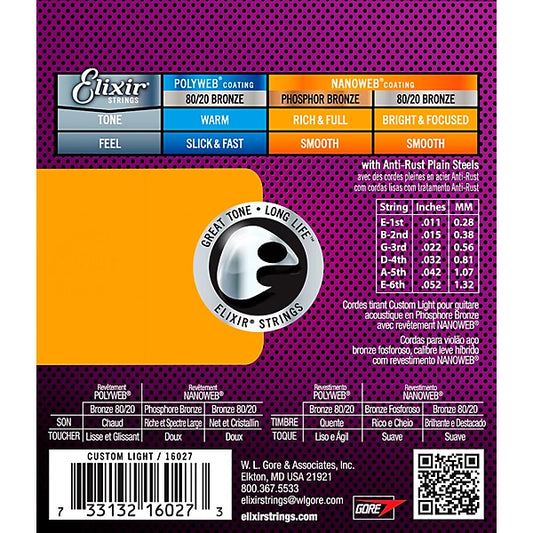 Elixir Strings 16027 Nanoweb Phosphor Bronze Acoustic Guitar Strings | CUSTOM LIGHT 11-52